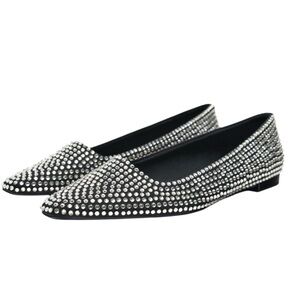 New Zara Black Embellished Ballet Flats Silver Studs Pointed Toe Cushion Sole